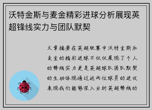 沃特金斯与麦金精彩进球分析展现英超锋线实力与团队默契