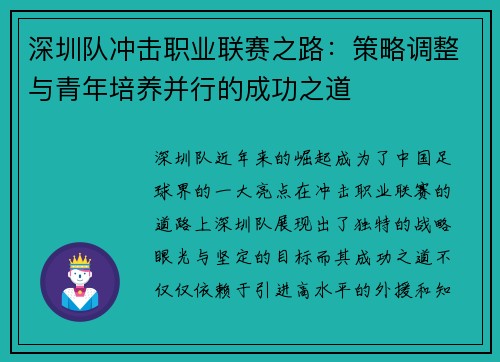 深圳队冲击职业联赛之路：策略调整与青年培养并行的成功之道