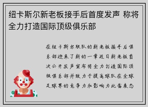 纽卡斯尔新老板接手后首度发声 称将全力打造国际顶级俱乐部 纽卡斯尔新老板接手后首度发声 称将全力打造国际顶级俱乐部
