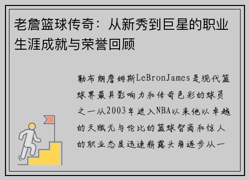 老詹篮球传奇:从新秀到巨星的职业生涯成就与荣誉回顾 老詹篮球传奇:从新秀到巨星的职业生涯成就与荣誉回顾