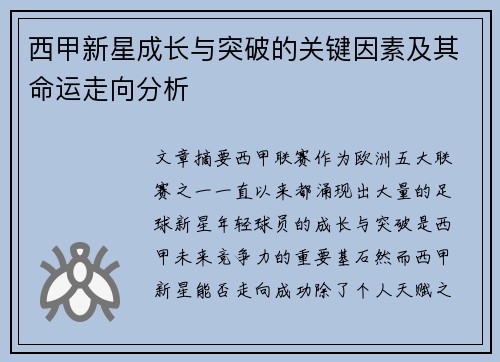 西甲新星成长与突破的关键因素及其命运走向分析