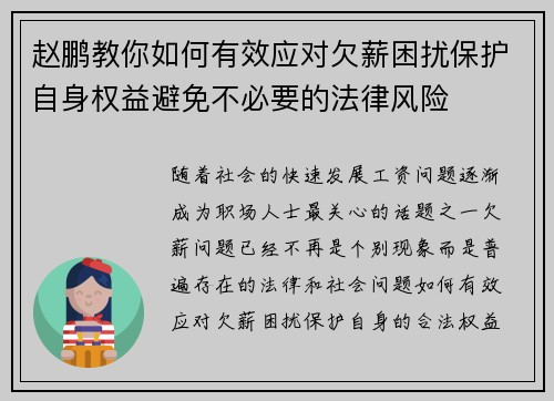 赵鹏教你如何有效应对欠薪困扰保护自身权益避免不必要的法律风险